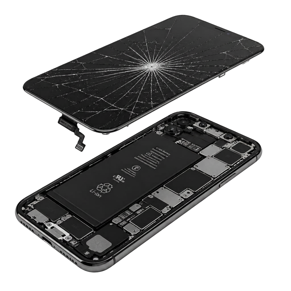 Exploded 3D view of a smartphone with the cracked display removed