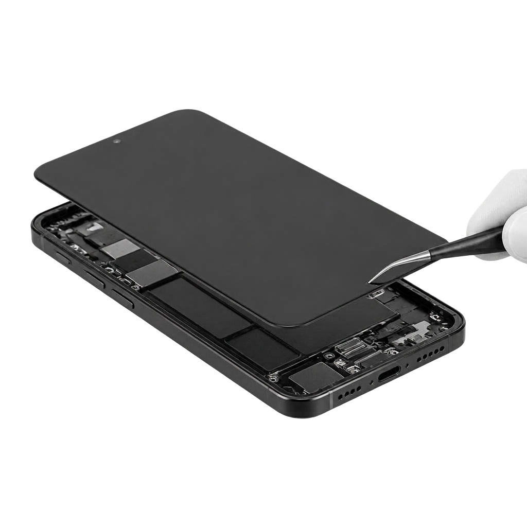 3D render of a new display panel being installed on a phone chassis